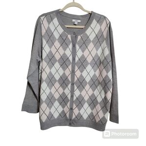 Croft & Barrow Women's Plus Cardigan Sweater Button Up Argyle, sz 1X